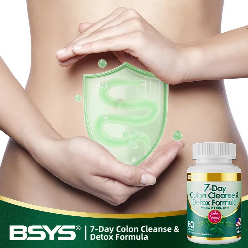 Bottle of 7-Day Colon Cleanse & Detox Formula capsules, dietary supplement for a 7-day cleansing routine