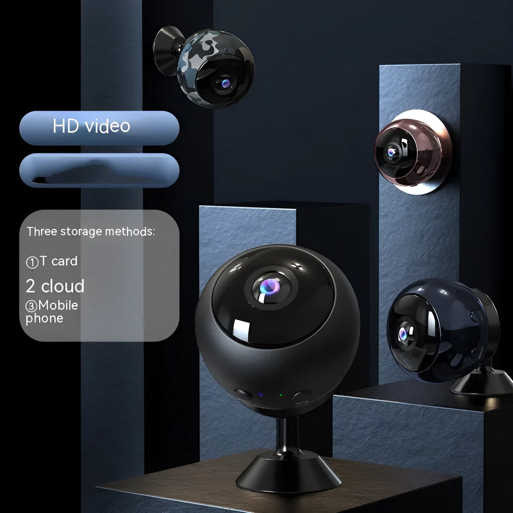 1080p wireless WiFi security camera with ABS housing and USB cable on a white background.