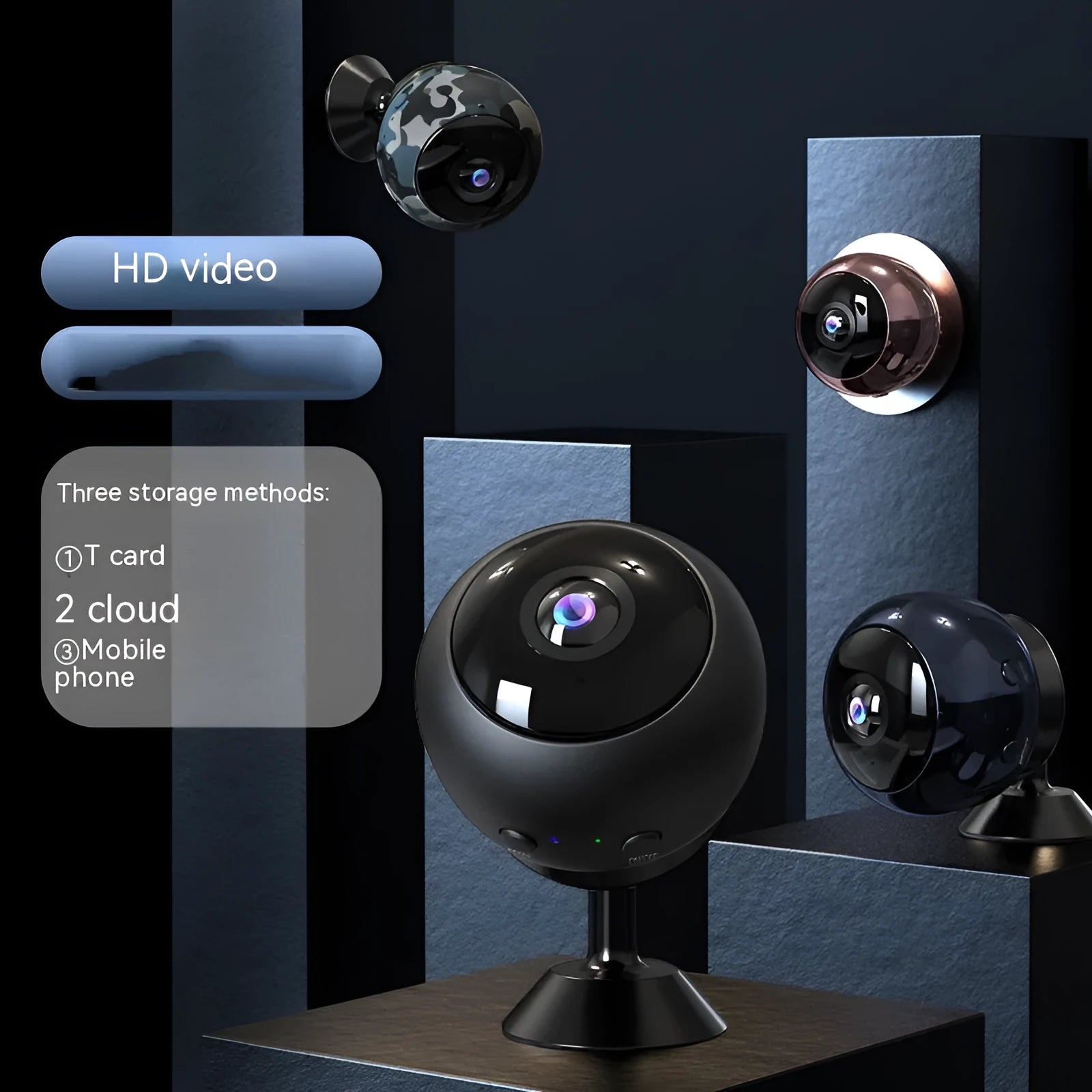 1080p wireless WiFi security camera with ABS housing and USB cable on a white background.