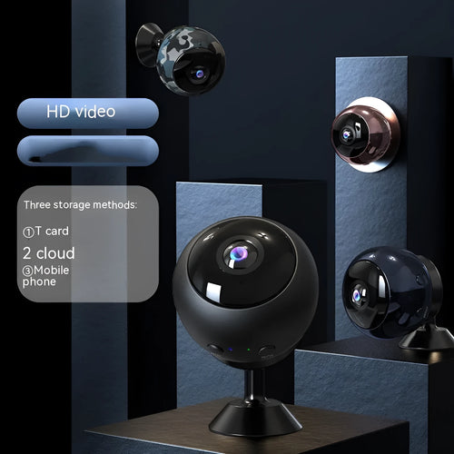 1080p wireless WiFi security camera with ABS housing and USB cable on a white background.