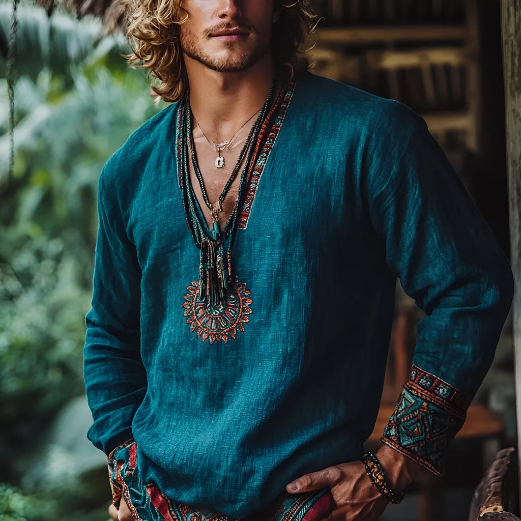 Boho style vintage printed long sleeve pullover top in picture colour