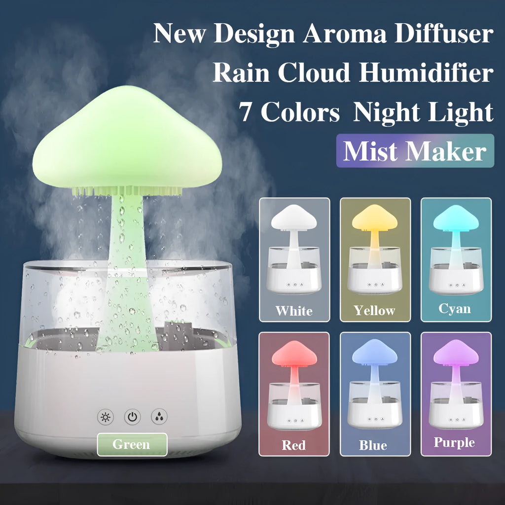 White rain cloud design desk humidifier and aromatherapy diffuser with mushroom-shaped night light on a wooden table.