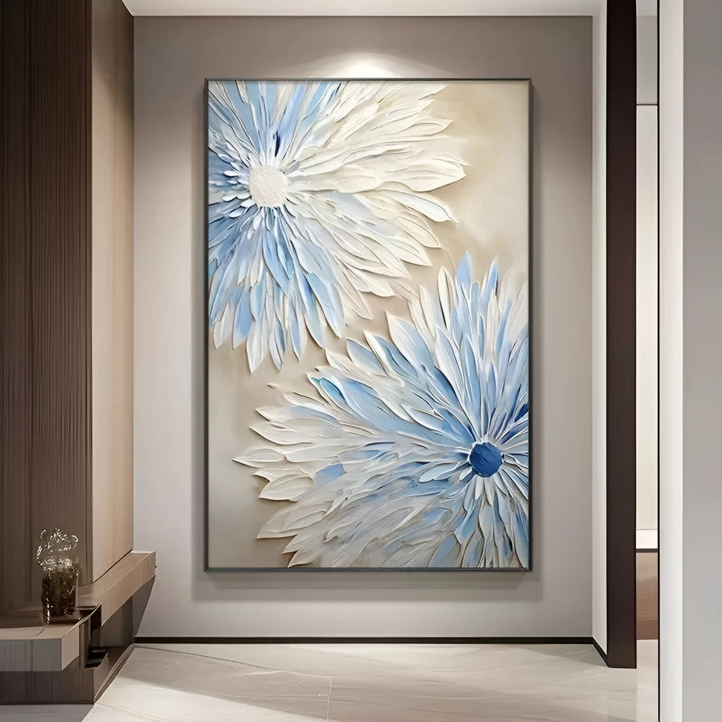 Hand painted abstract blue white flower oil painting on canvas vertical modern wall art for bedroom