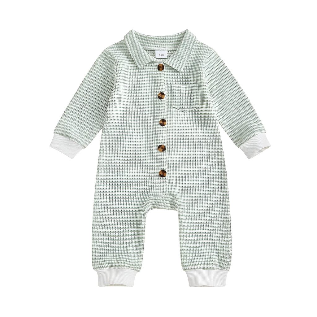 Babies' front open single-breasted knitted long sleeve jumpsuit in waffle cotton, light blue colour