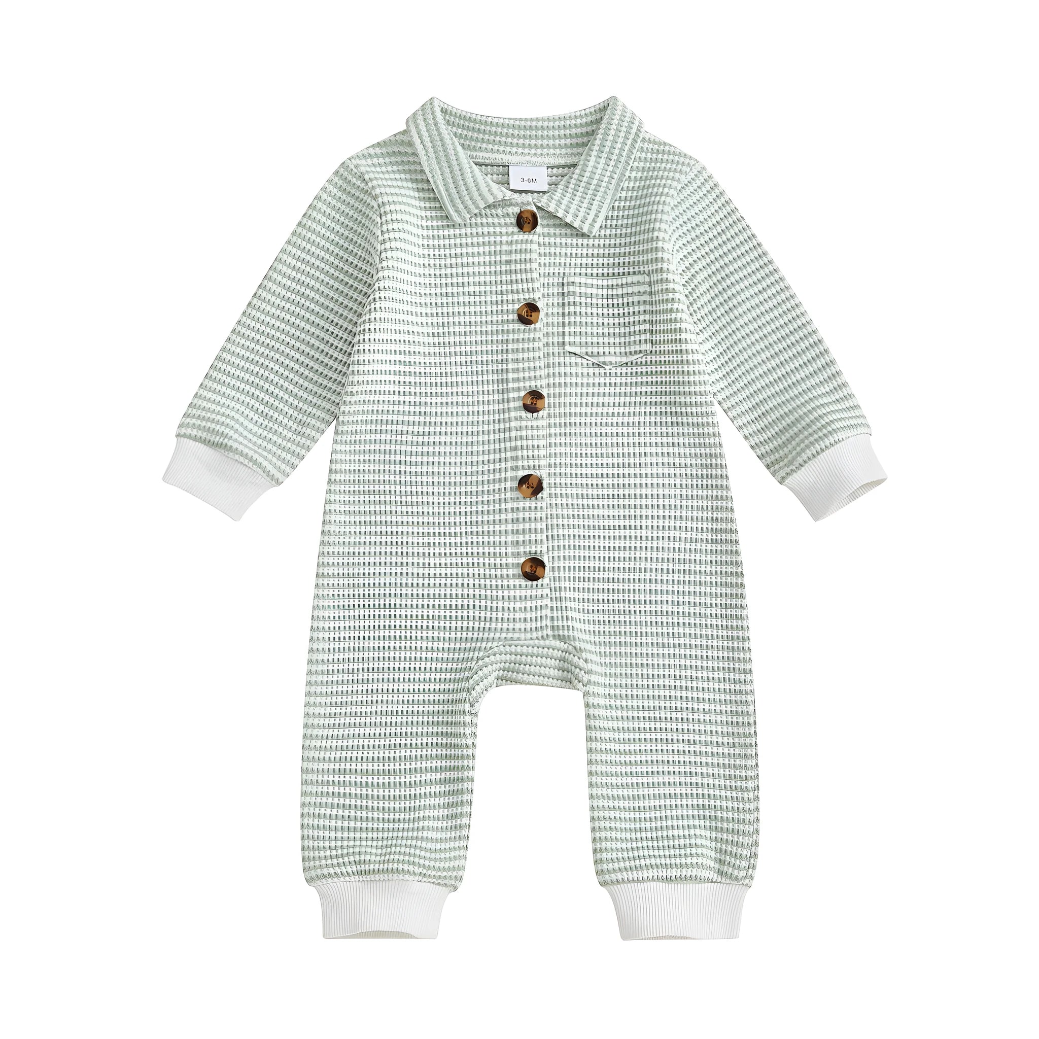 Babies' front open single-breasted knitted long sleeve jumpsuit in waffle cotton, light blue colour
