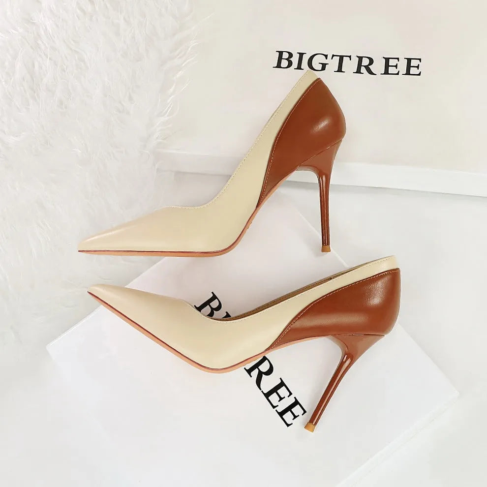 Colour block women's stiletto heel pumps with pointed toe in black and beige