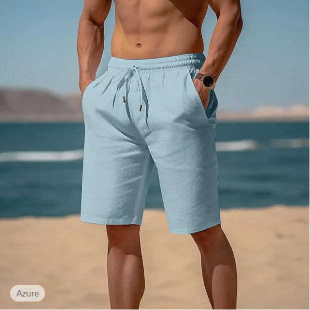 Men's cotton linen drawstring shorts with elastic waist and multiple pockets in solid colour