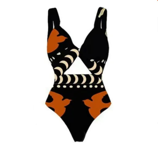 Women's black one-piece swimsuit made from polyester fabric for beach and pool use.