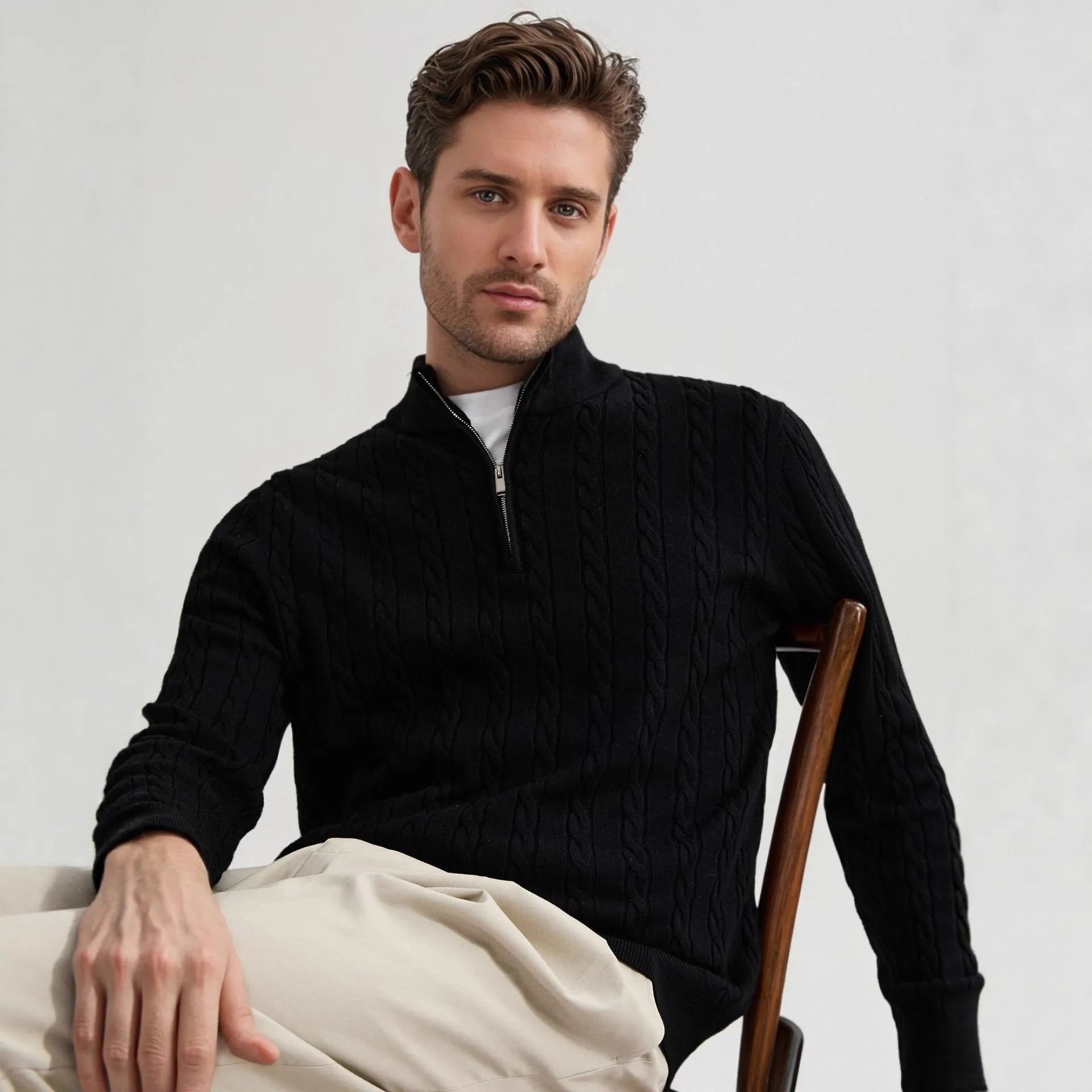 Men's casual wool blend zipper sweater in grass green with stand collar and twisted design