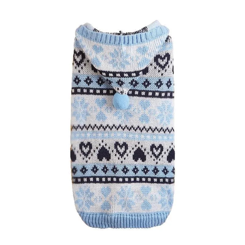 Striped camouflage dog sweater with snowflake patterns in pink, blue, grey colours for small breeds