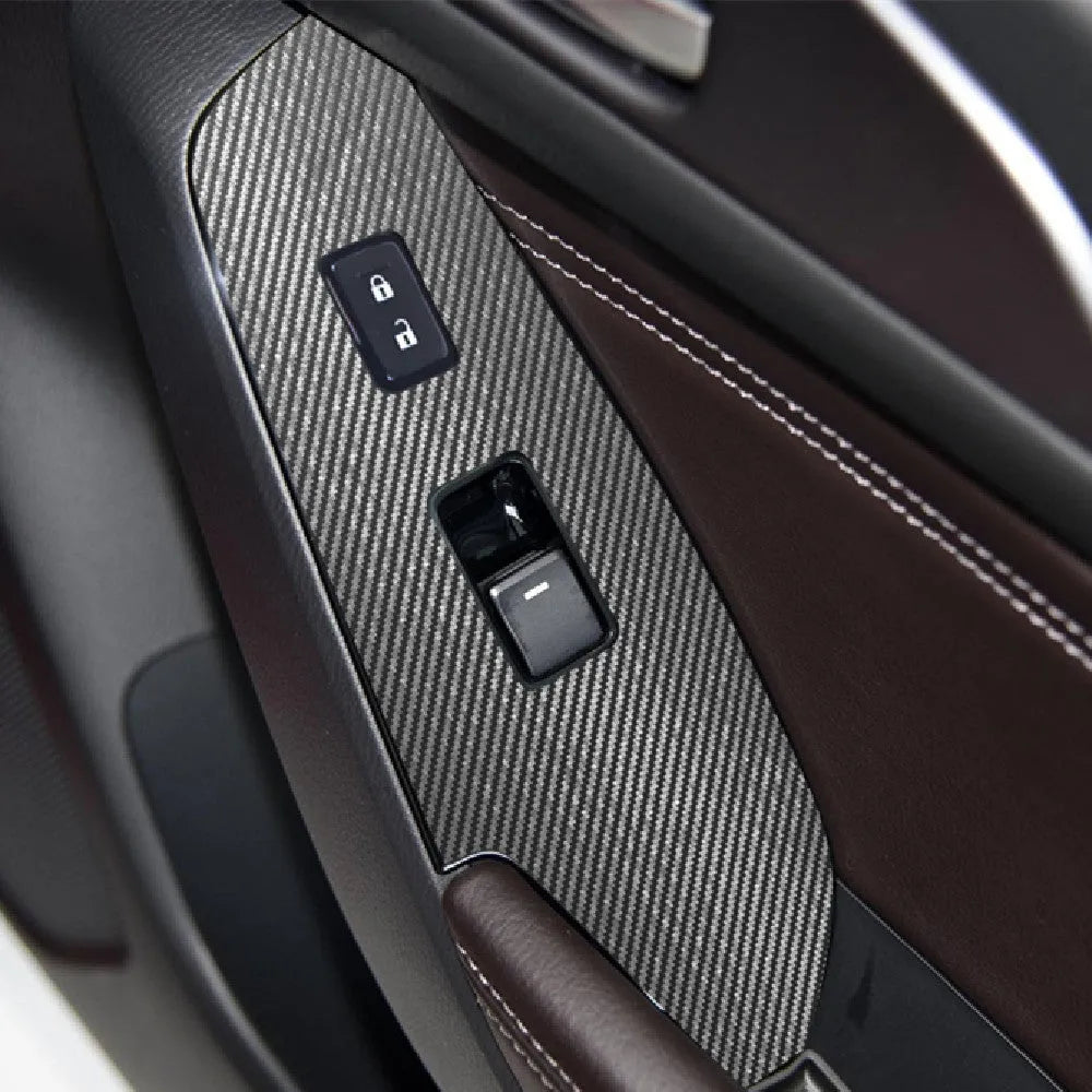 Four pre-cut TPU protective films for car interior door control panels, showing transparent, carbon fibre, and matte black finishes.