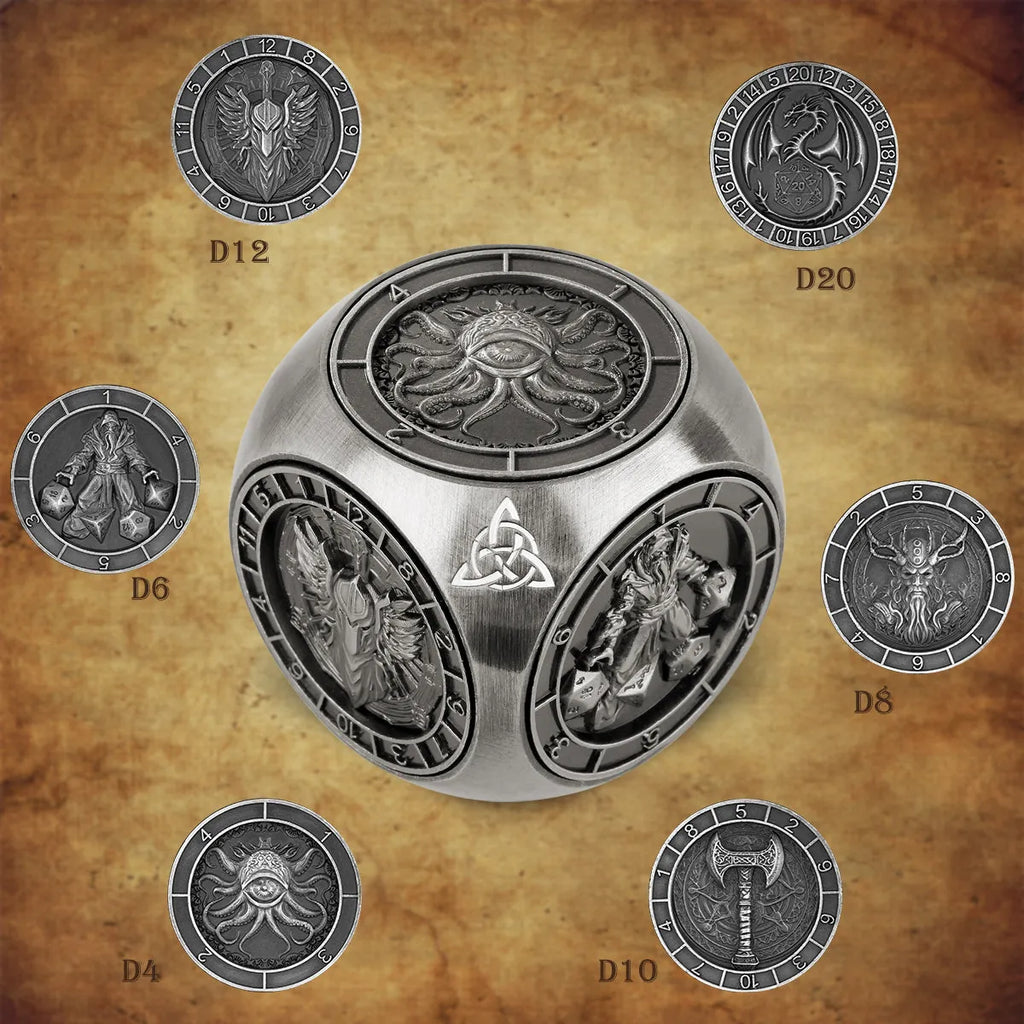 6-pack retro metal dice wheel gift box set with bronze, dark silver, and black finishes on a tabletop