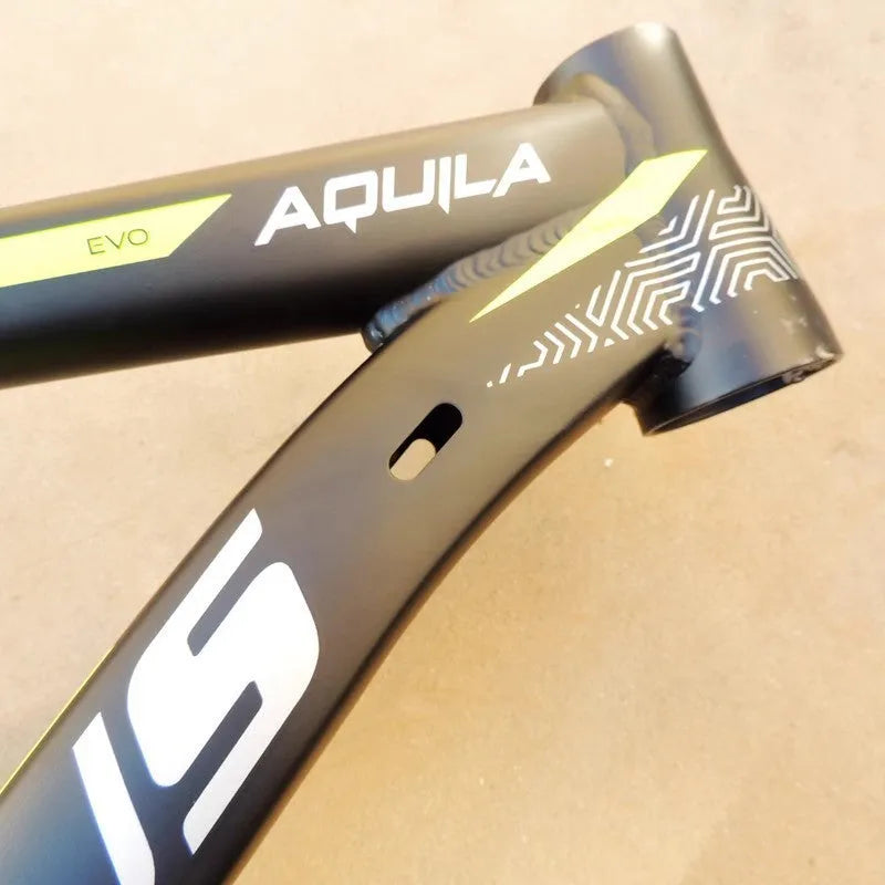 Black green aluminium mountain bike frame with internal cable routing and disc brake mounts