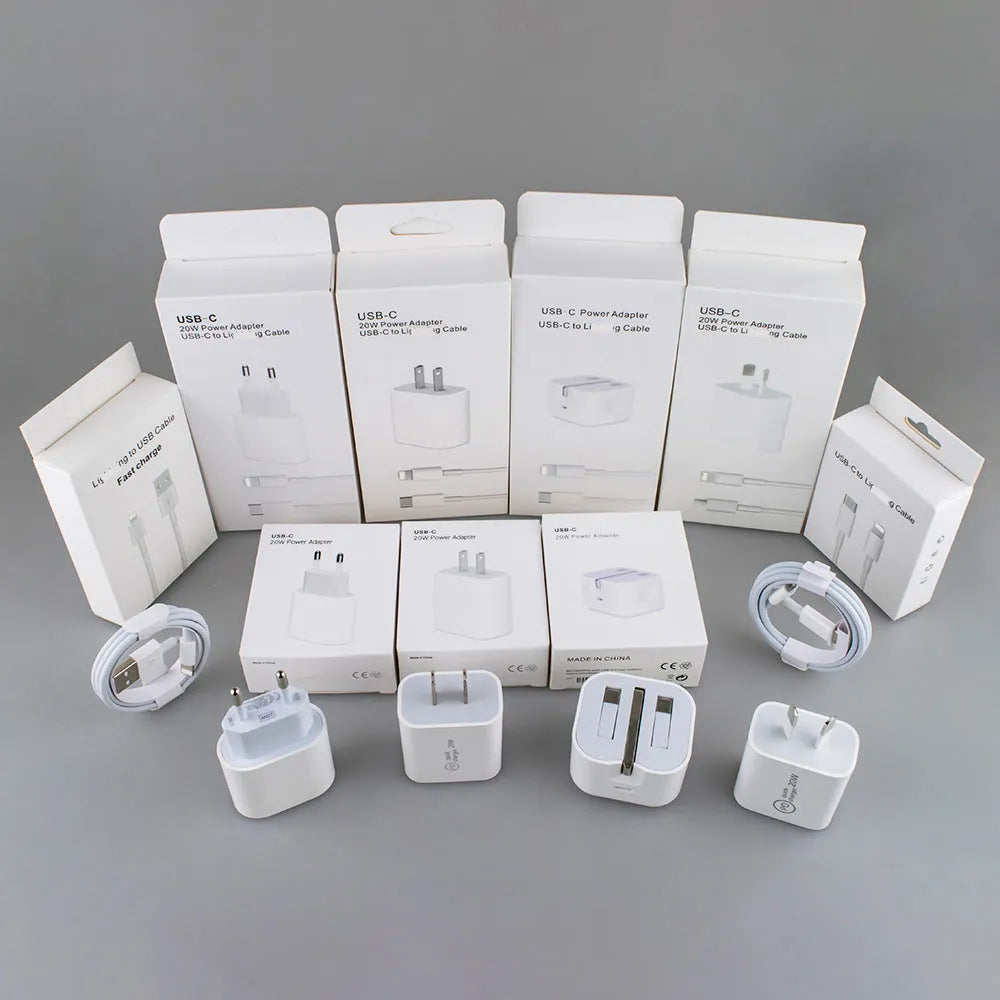 White 20W USB-C PD fast wall charger showing Type-C port and international plug compatibility.
