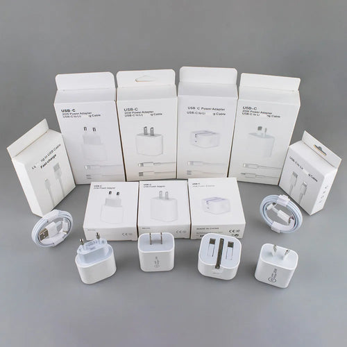 White 20W USB-C PD fast wall charger showing Type-C port and international plug compatibility.