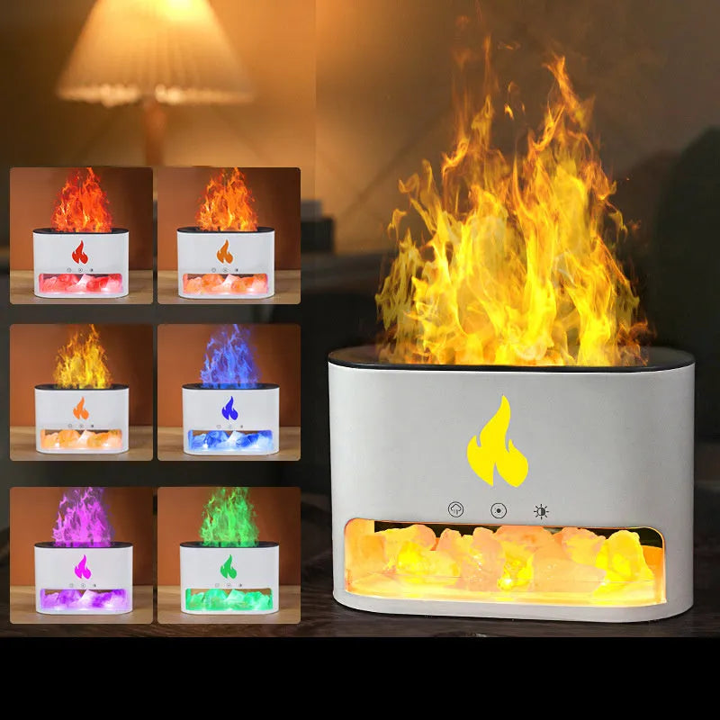 Square white flame effect humidifier with crystal salt stone and USB connection on wooden desk