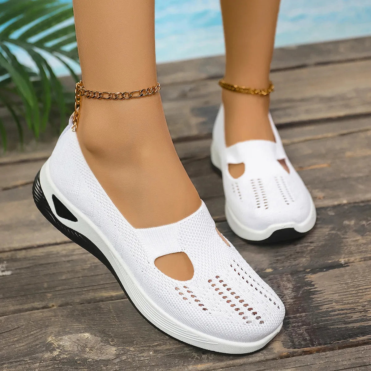 Women's slip-on mesh shoes with soft PVC sole, low heel, available in black