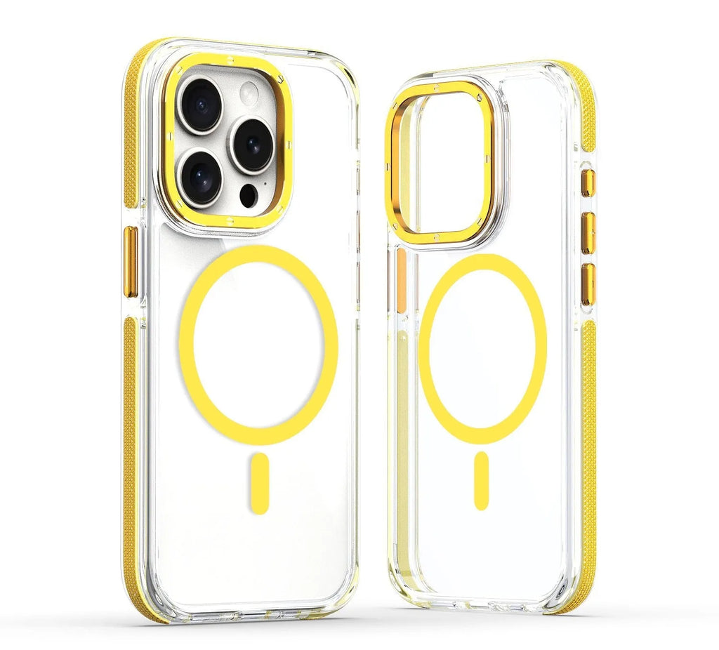 X transparent magnetic phone case with two-tone edge in black on an iPhone showing the back