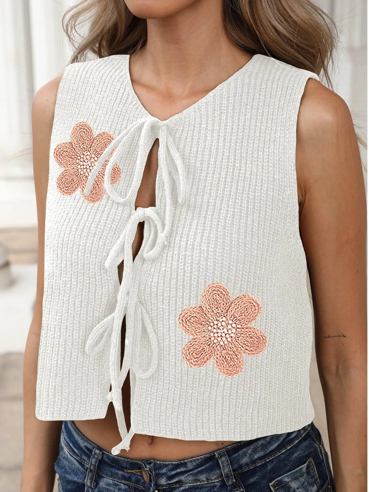 Ladies' sleeveless cardigan vest with lace-up bow and floral pattern in deer plush fabric