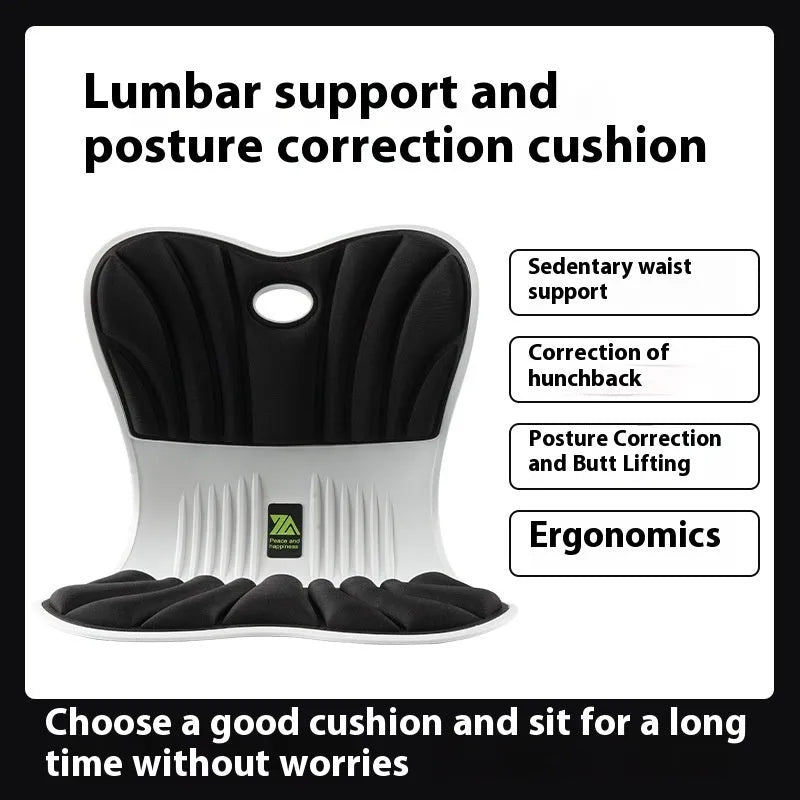 Grey ergonomic waist support and posture correction polyester seat cushion on an office chair.