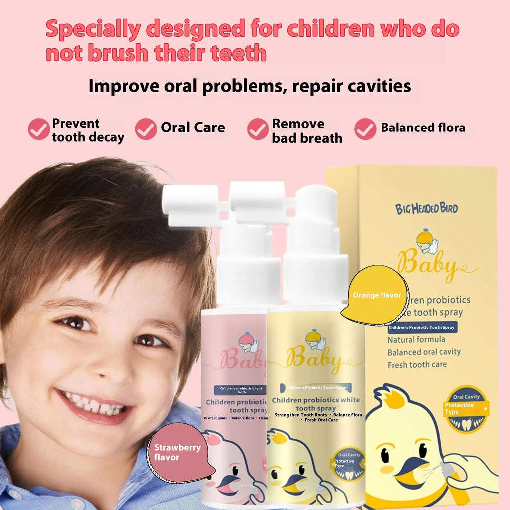 Children's probiotics teeth cleaning spray bottle in strawberry or orange flavour, 40ml size