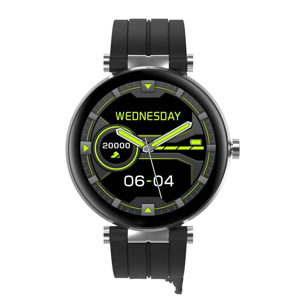 Smart watch with blood pressure monitoring on wrist showing heart rate display and black silicone strap