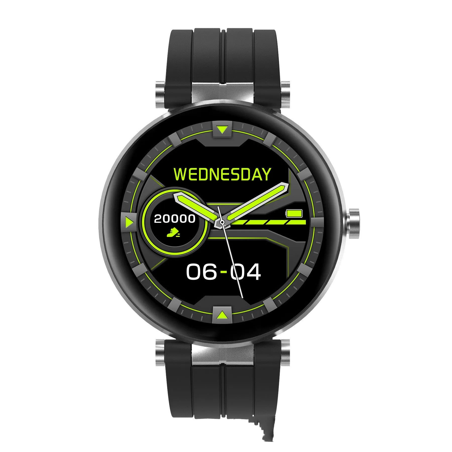 Smart watch with blood pressure monitoring on wrist showing heart rate display and black silicone strap
