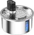 Stainless steel cat and dog water fountain with a white constant temperature control base.