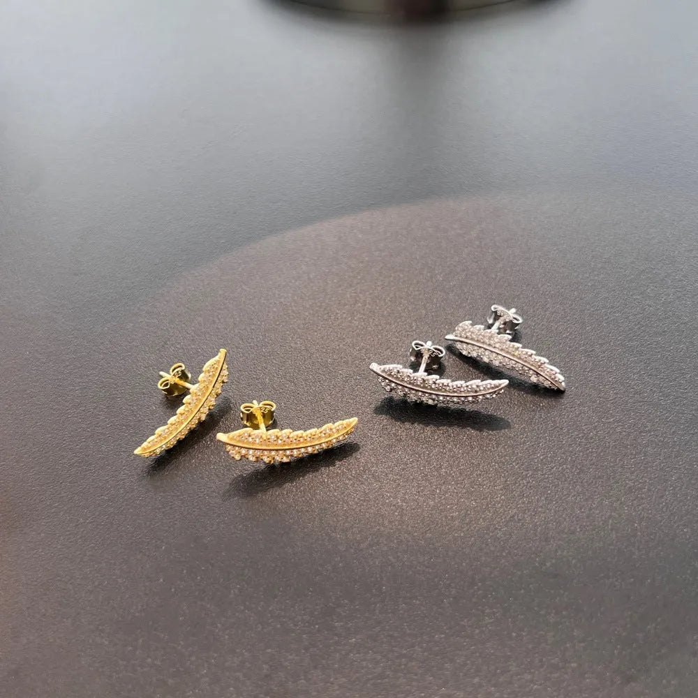 Leaf-shaped zircon inlaid S925 sterling silver stud earrings in gold colour for women