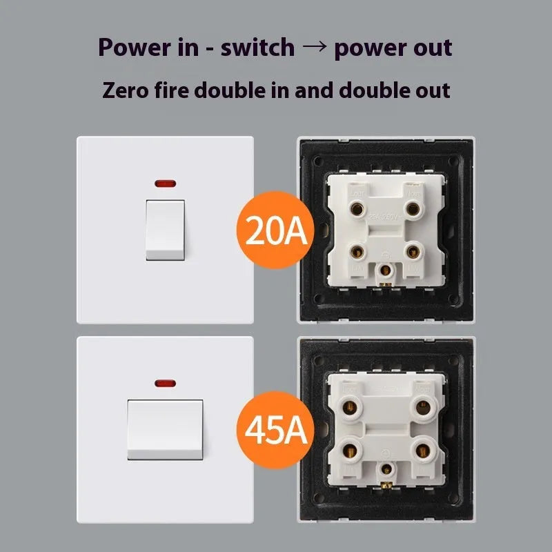 Curved rack high-power electrical switch with light panel in gold, grey, or white.