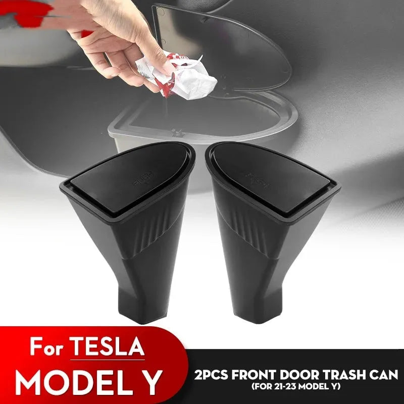 Two black ABS plastic storage bins designed for Tesla Model Y front door pockets.
