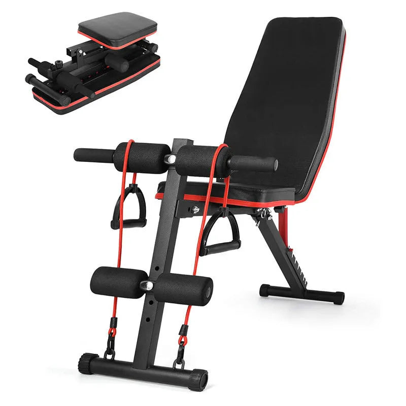 Home multi-function incline board fitness bench with metal frame, foldable, adjustable height, includes pull rope and support rod