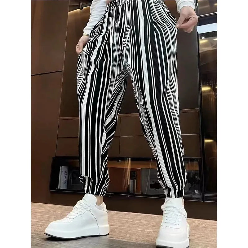 Men's ankle-tied cropped ice silk polyester fibre pants in dark gray with striped pattern