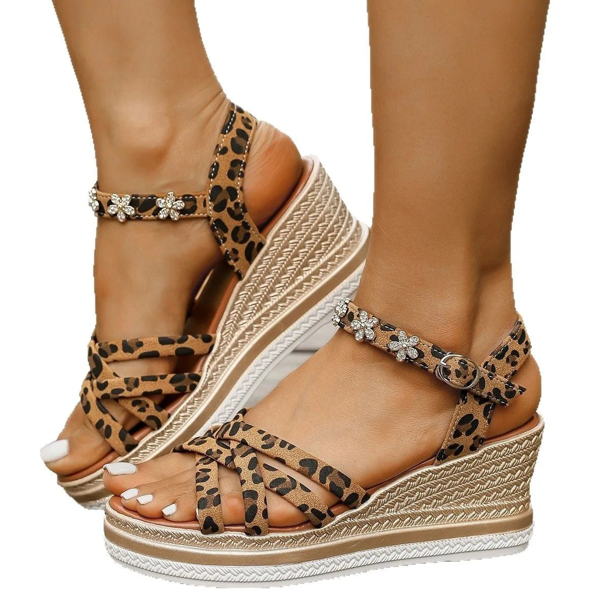 Light brown suede women's platform sandals with ankle buckle and open toe on a white background.