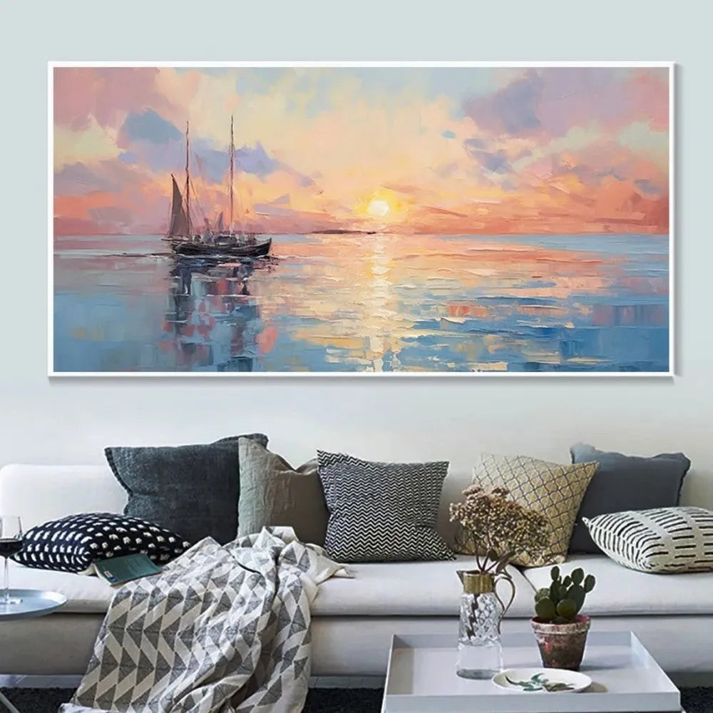 Handmade oil painting canvas wall art modern abstract sunrise over sea horizontal panoramic landscape
