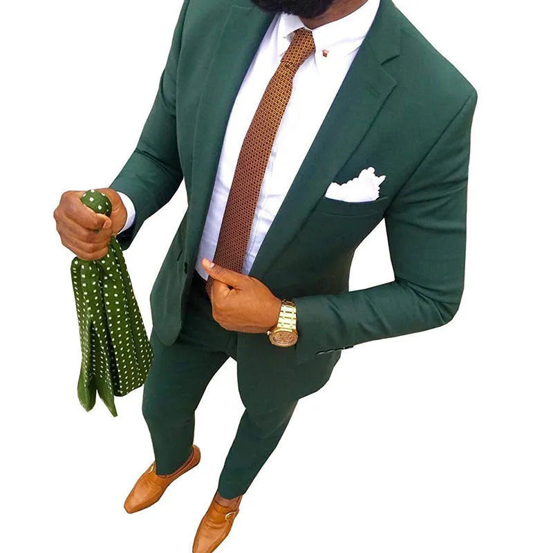 Men's two-piece cotton suit in a selection of colours including purple, blue, and grey.