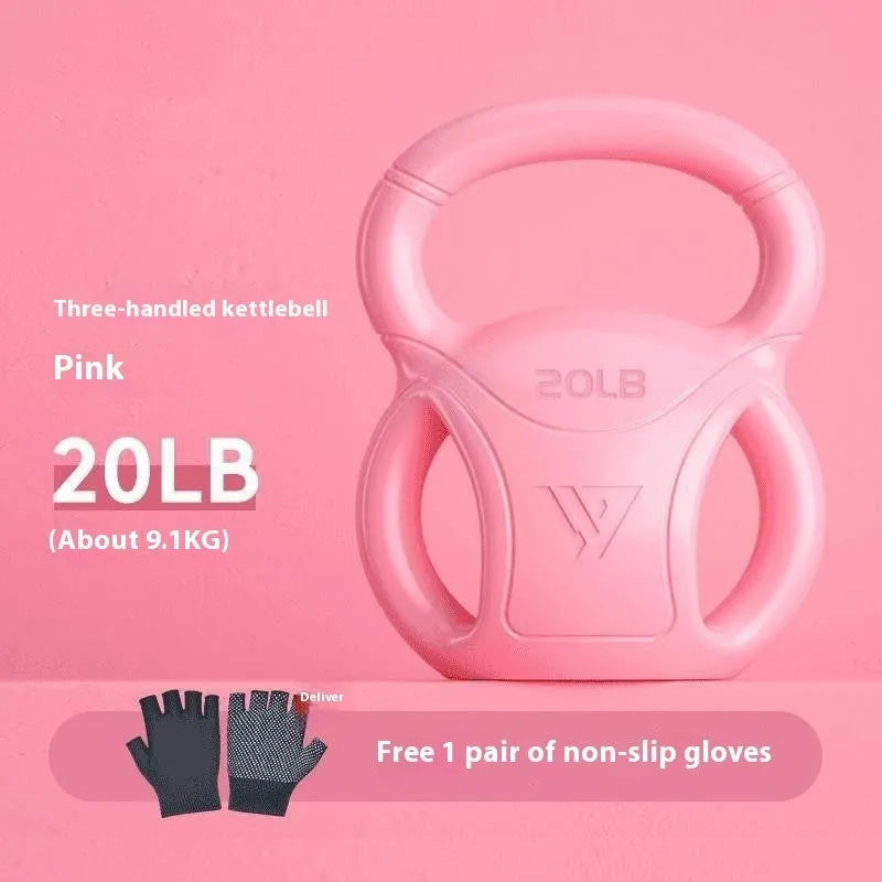 Pink kettlebell 10 lbs with gloves on wooden floor for home exercise