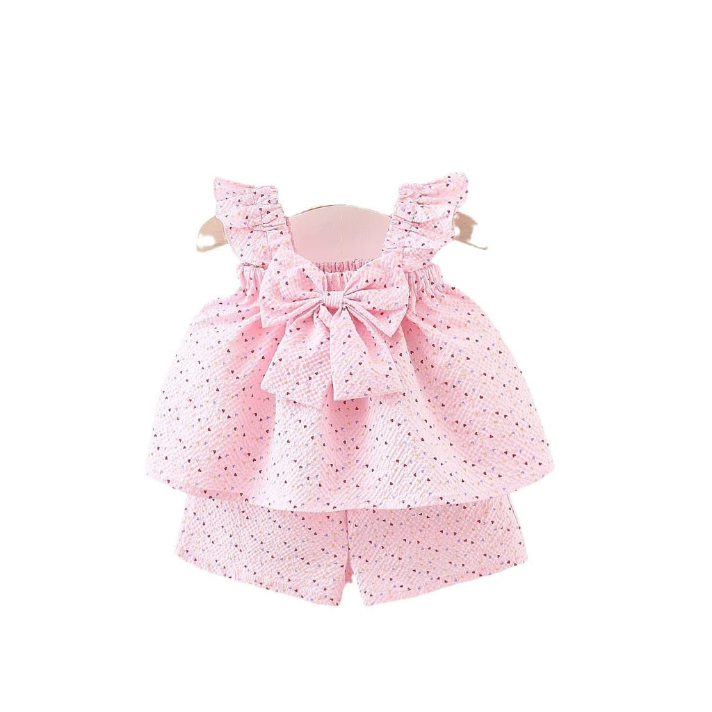 Baby girls cotton bowknot flying sleeve top and shorts set in pink, suitable for 73-100cm height