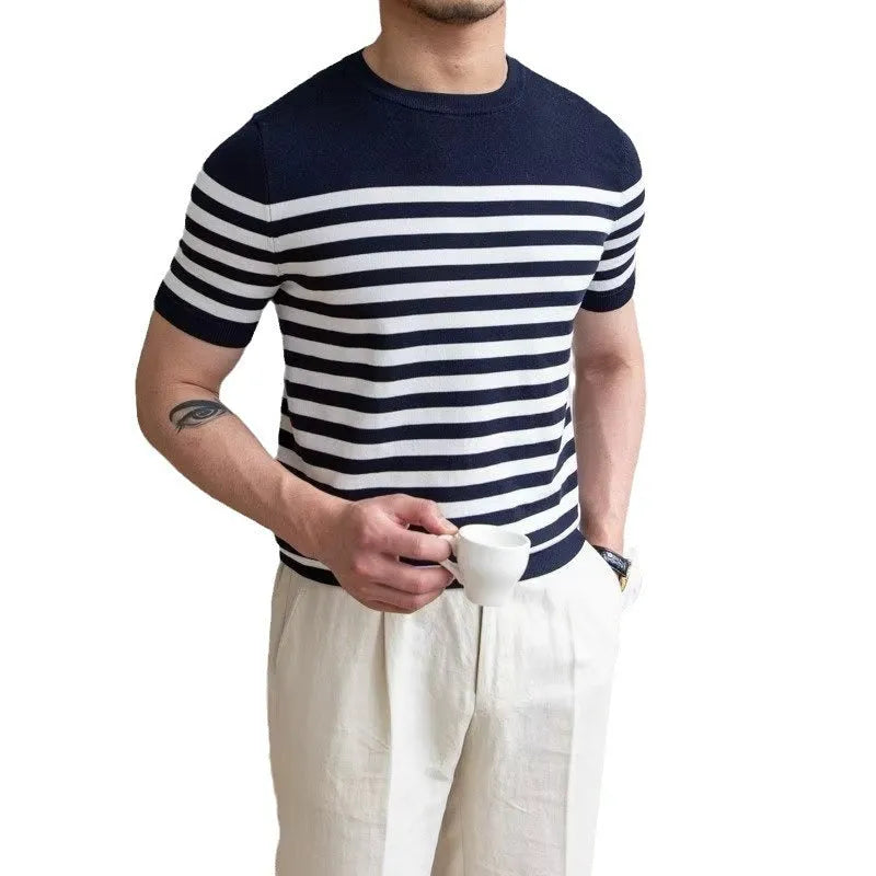 Men's striped short sleeve polyester T-shirt in blue, pullover style for summer casual wear