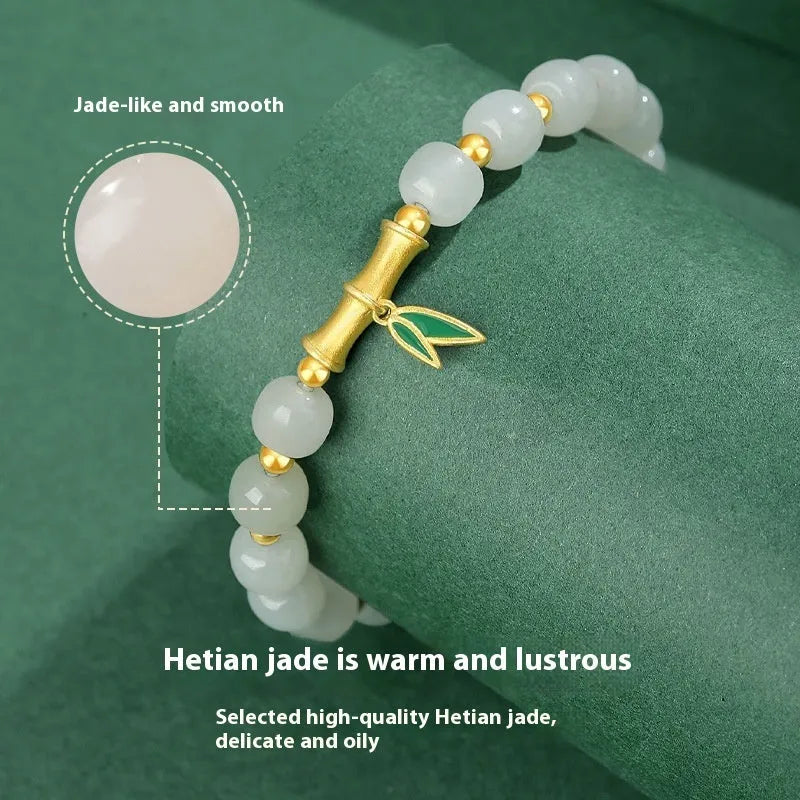 Women's S925 sterling silver bracelet with 6mm Hetian jade bamboo leaf beads in gold colour finish