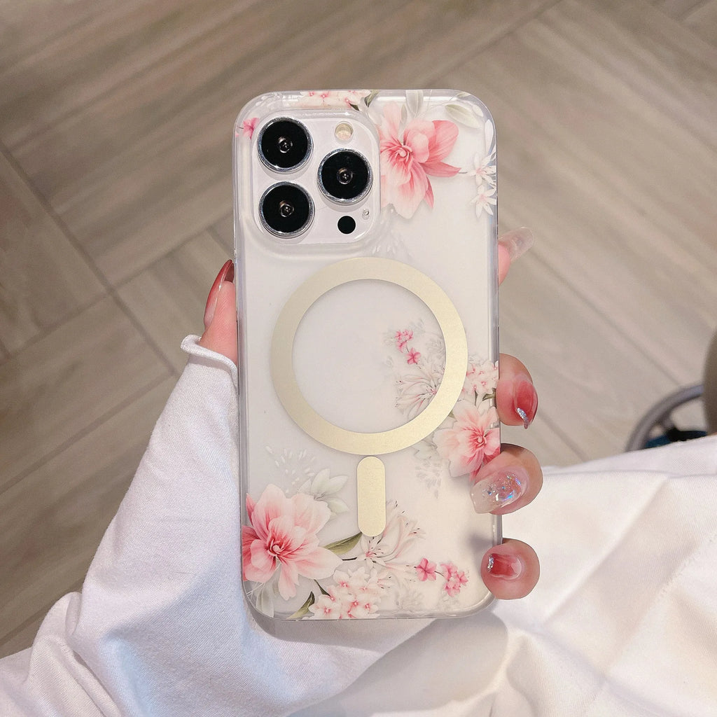 Clear frosted flower iPhone case with magnetic suction, shockproof TPU PC rear cover for iPhone 11-16 models