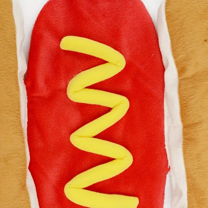 Red hot dog costume outfit on small dog with velcro belly fastening