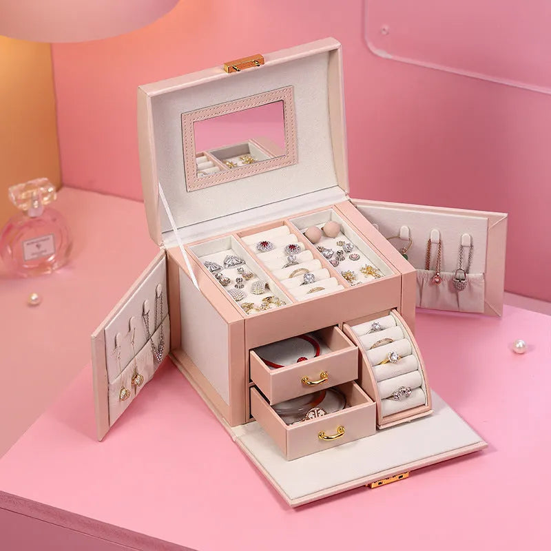 Large capacity PU leather jewelry box with mirror, European style, available in white and red