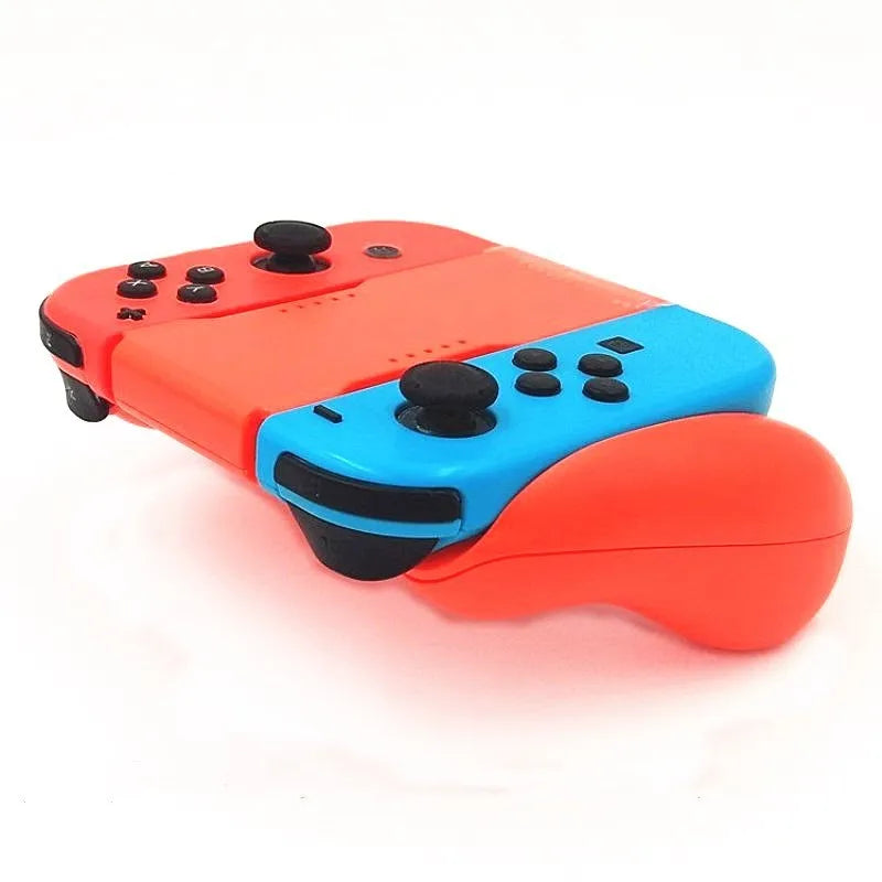 Black Nintendo Switch Joy-Con handle grip made from ABS plastic, shown with two Joy-Cons attached and a bracket on the bottom
