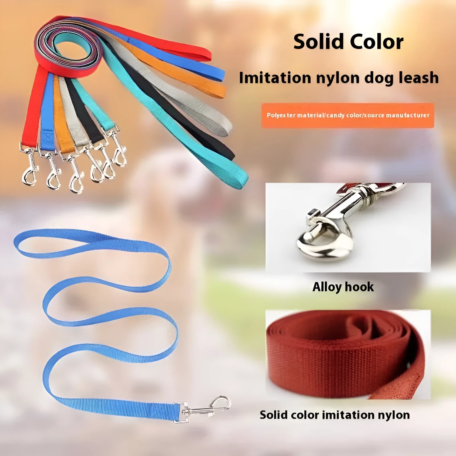 Solid colour nylon dog hand holding rope with adjustable loop handle in multiple colour and width options