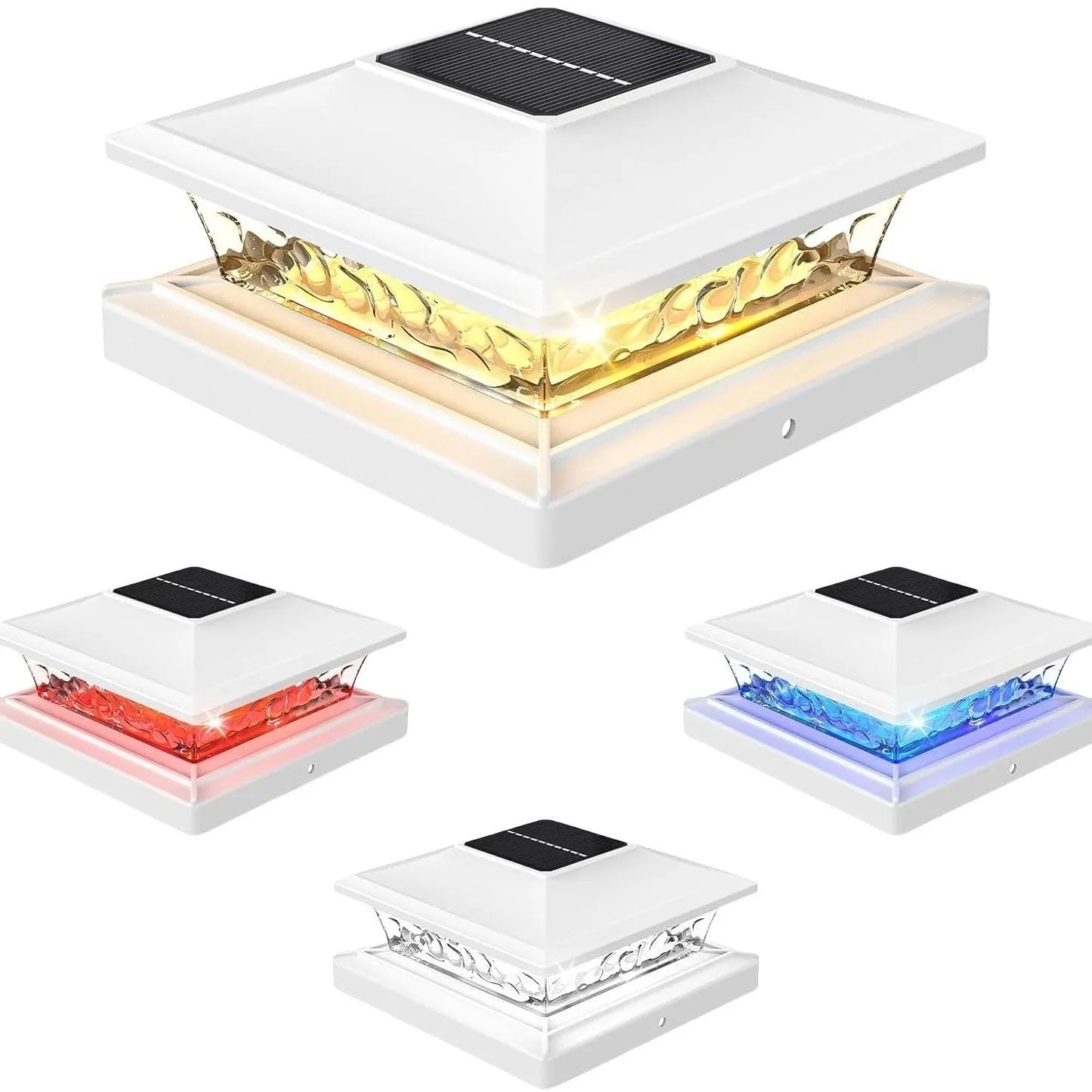 Solar pillar lamp with two-color LED on a wooden villa railing in a garden courtyard