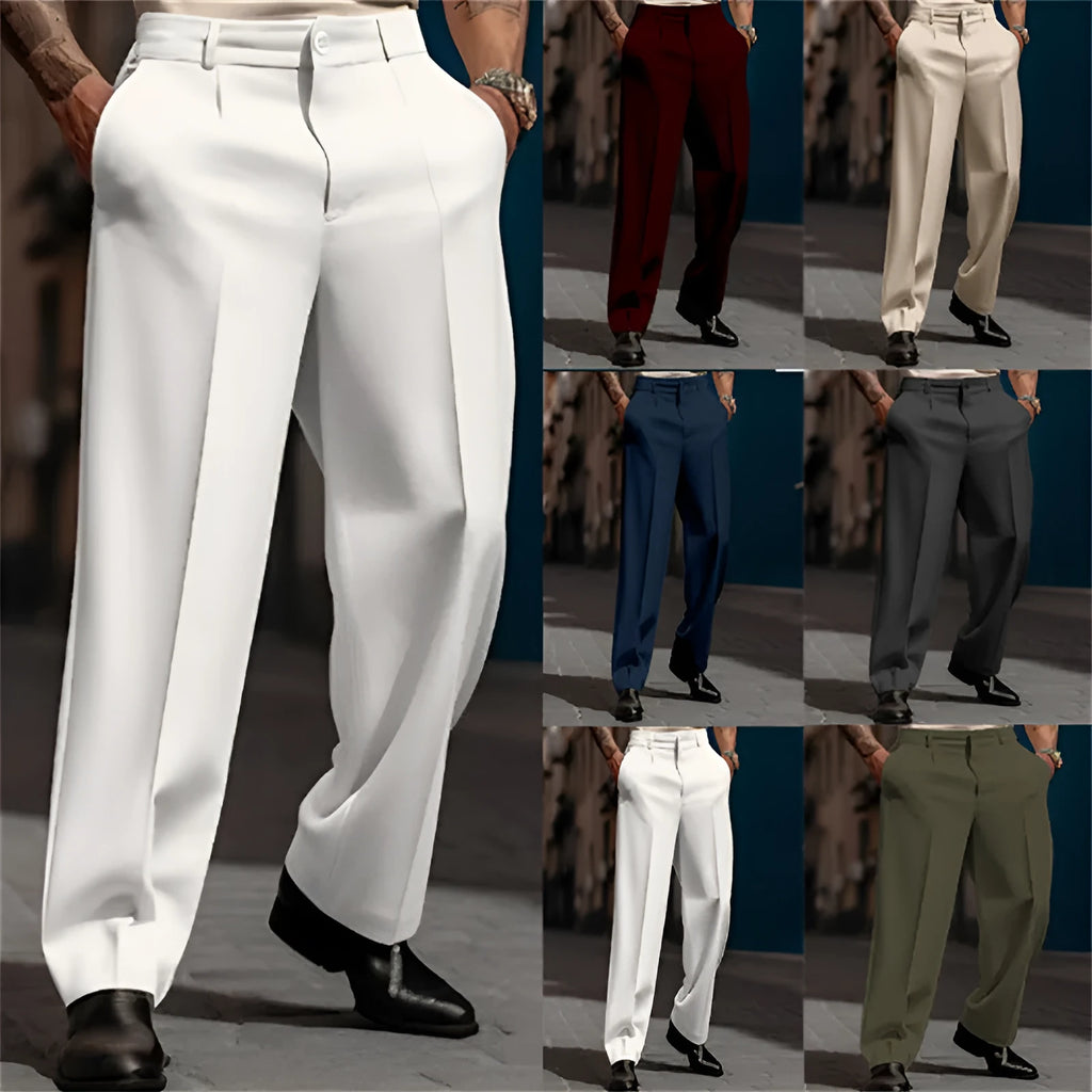 Men's straight solid colour suit trousers with diagonal pockets in khaki, on model, front view