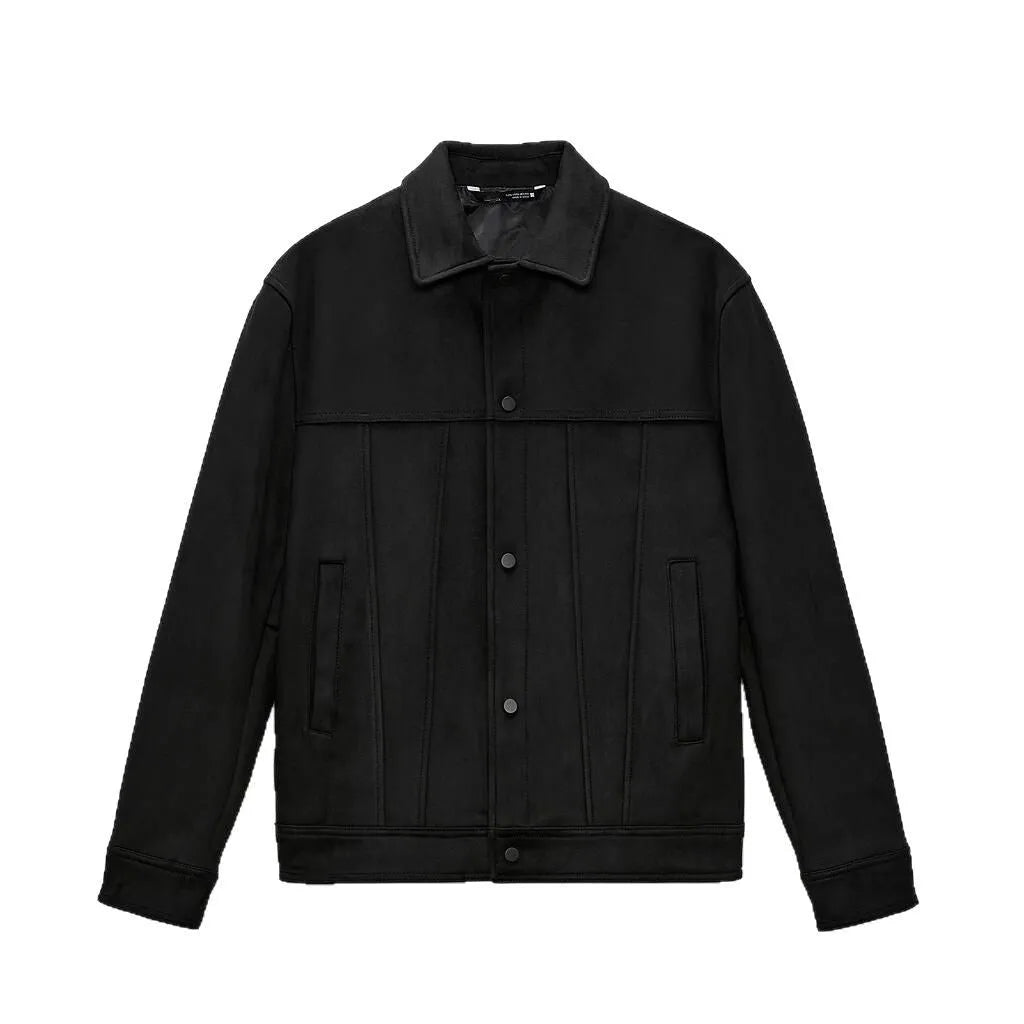 Black men's casual hooded jacket with a textured suede collar and side seam pockets.
