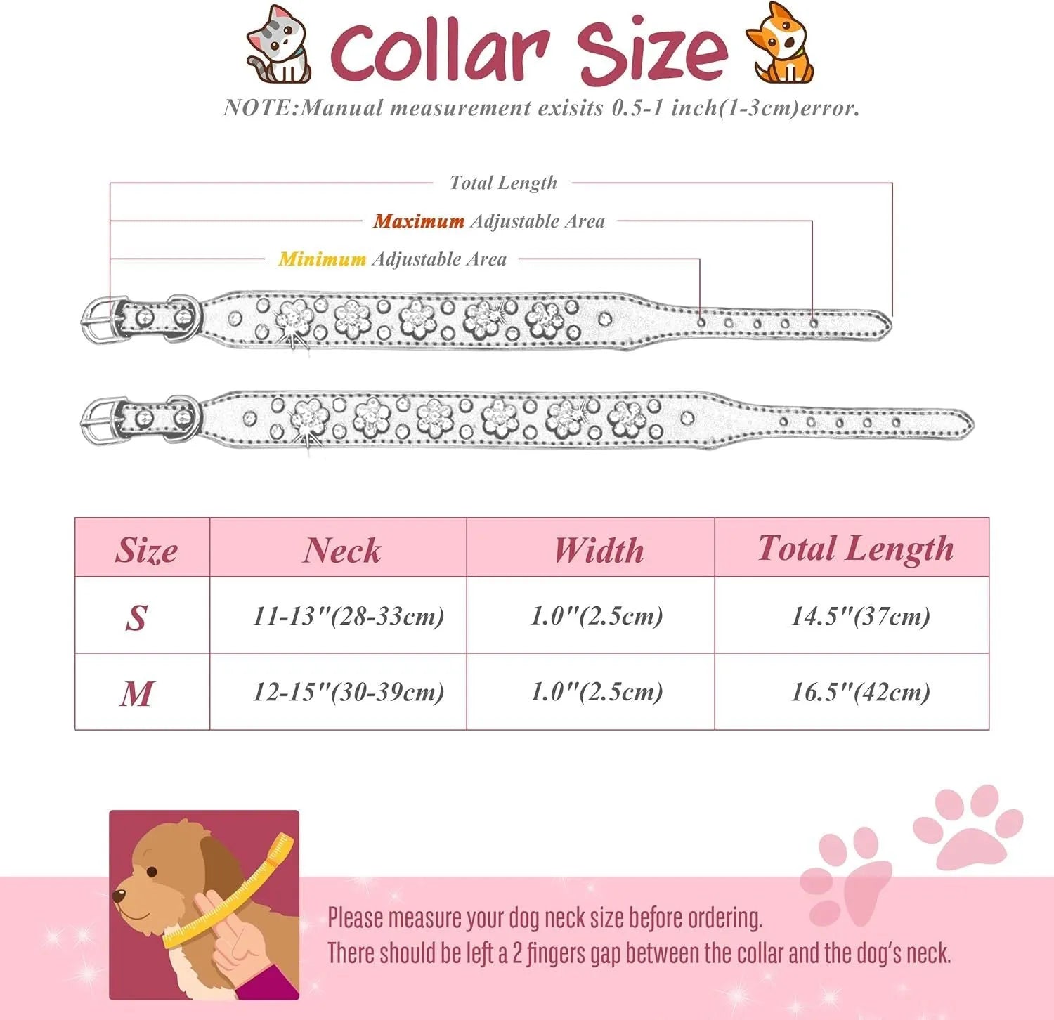 Black PU leather dog collar with studded rhinestone flower pattern and metal D-ring.