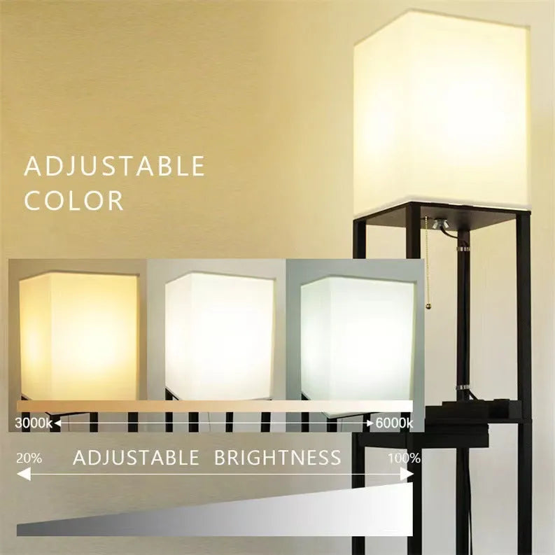 Black wooden floor lamp with fabric shade and charging shelf, D260xH1600mm, LED light